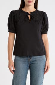 T Tahari Embroidered Short Sleeve Peasant Top