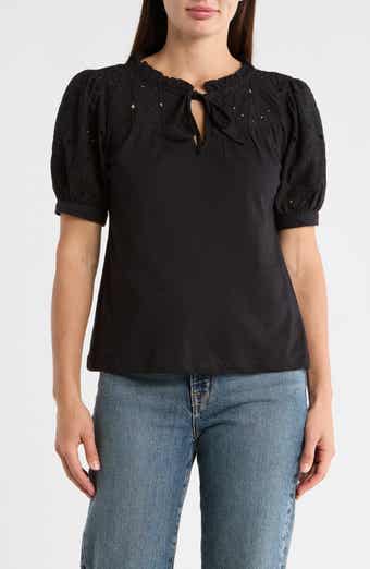 T Tahari Embroidered Short Sleeve Peasant Top