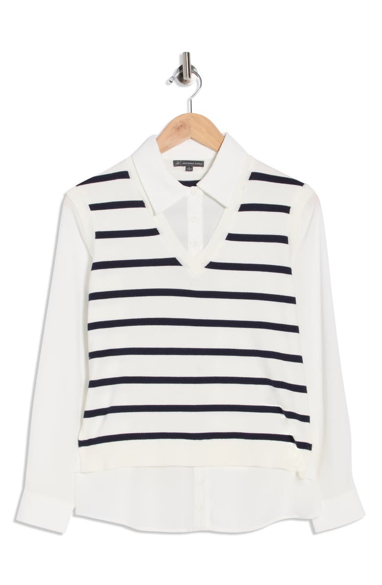 Adrianna Papell V-Neck Twofer Sweater, Main, color, Ivory/ Blue Moon Stripe