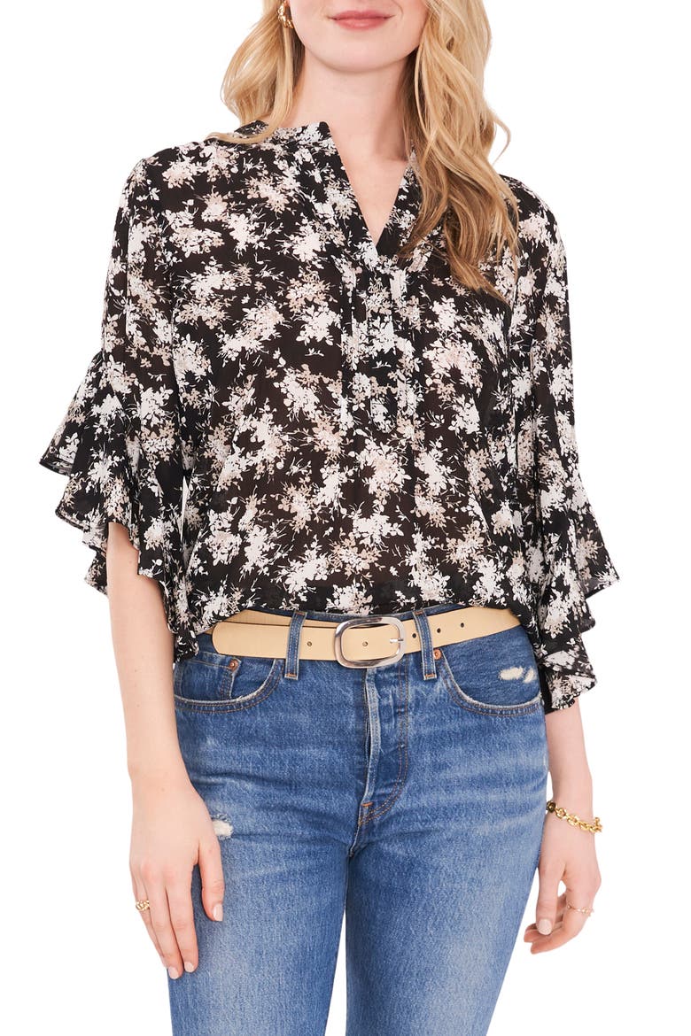 Ruffle Sleeve Split Neck Blouse, Main, color, RICH BLACK