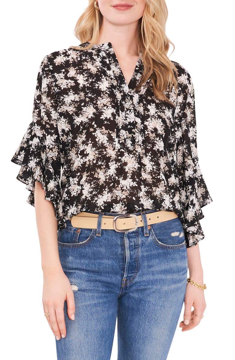 Vince Camuto Ruffle Sleeve Split Neck Blouse, Main, color,