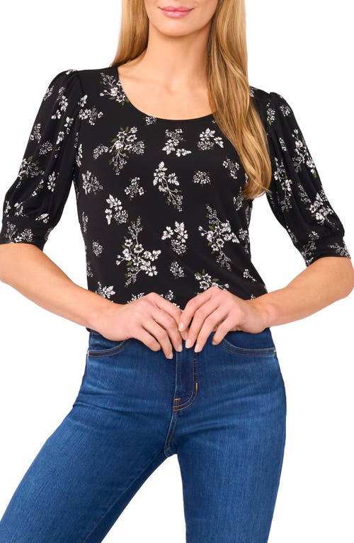 Cece Floral Print Puff Shoulder Top In Black