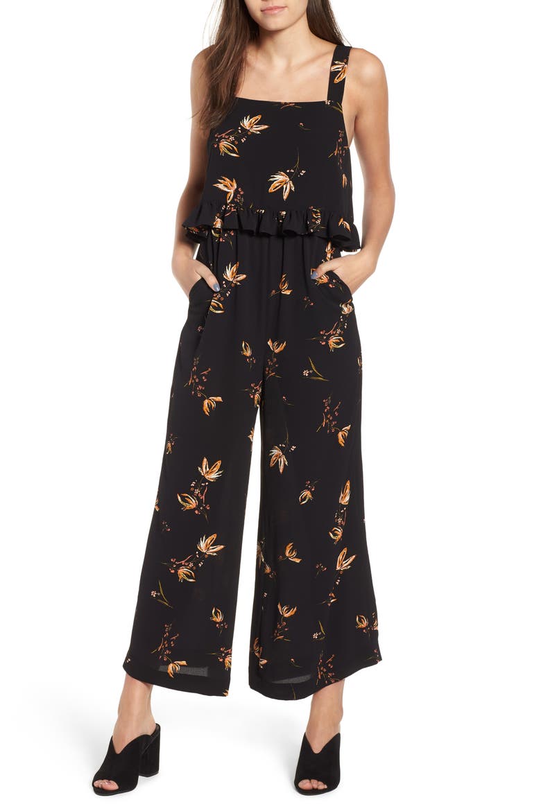 Ruffled Floral Print Jumpsuit, Main, color, BLACK CAMILLA SPACED FLORAL
