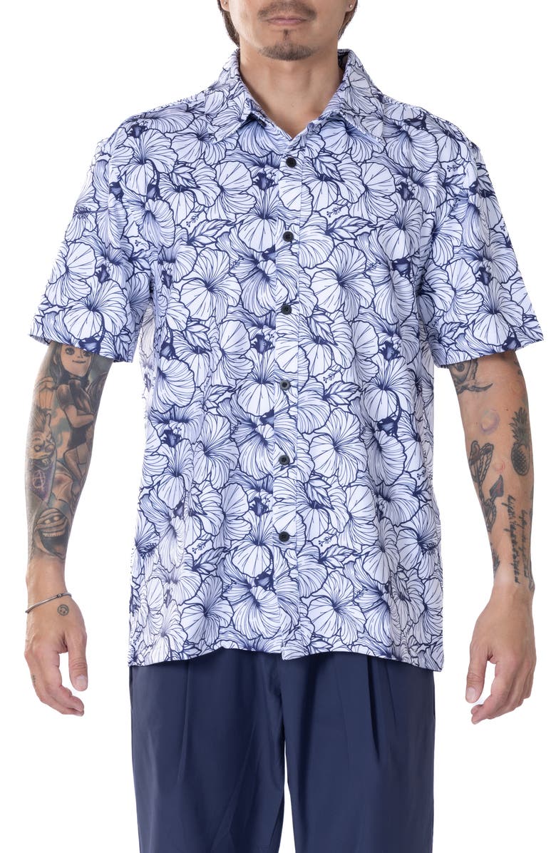 VAST Hibiscus Print Floral Short Sleeve Performance Button-Up Shirt, Main, color, White