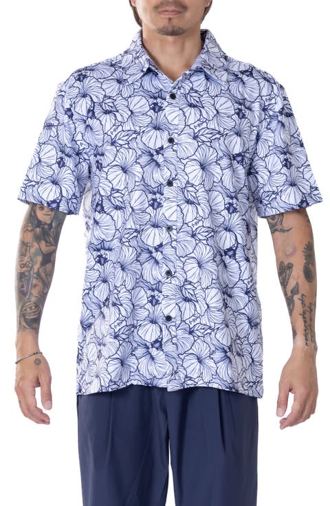 Hibiscus Print Floral Short Sleeve Performance Button-Up Shirt