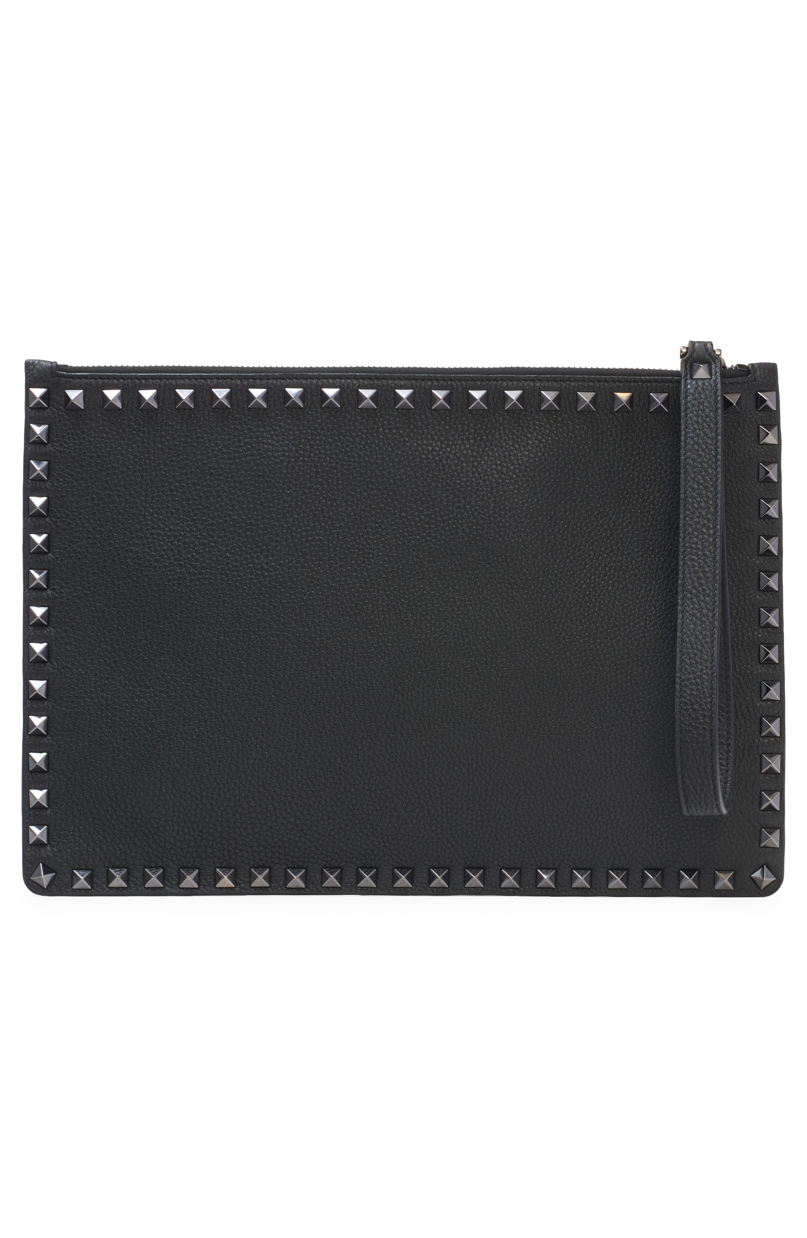 Rockstud Grainy Leather Pouch, Alternate, color, NERO