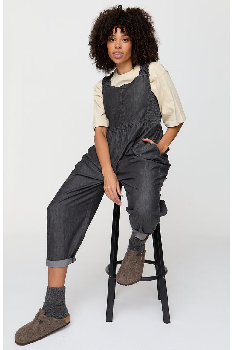 Organic Cotton Alice Denim Smocking Strap Jumpsuit, Alternate, color, Black