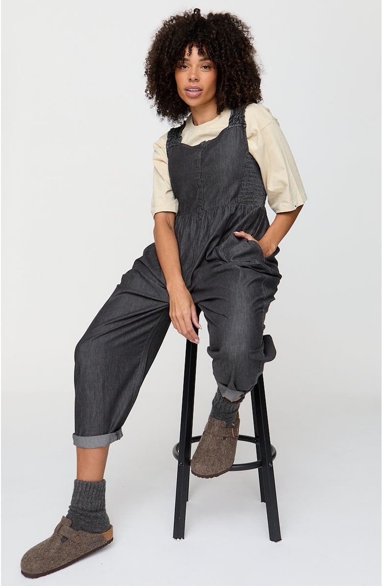 Turtledove London Organic Cotton Alice Denim Smocking Strap Jumpsuit, Alternate, color, Black