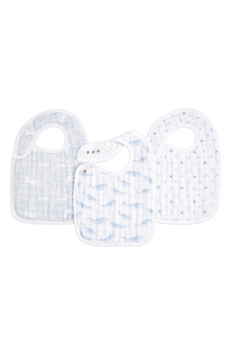 aden + anais 3-Pack Classic Organic Cotton Muslin Snap Bibs, Main, color, Oceanic Blue