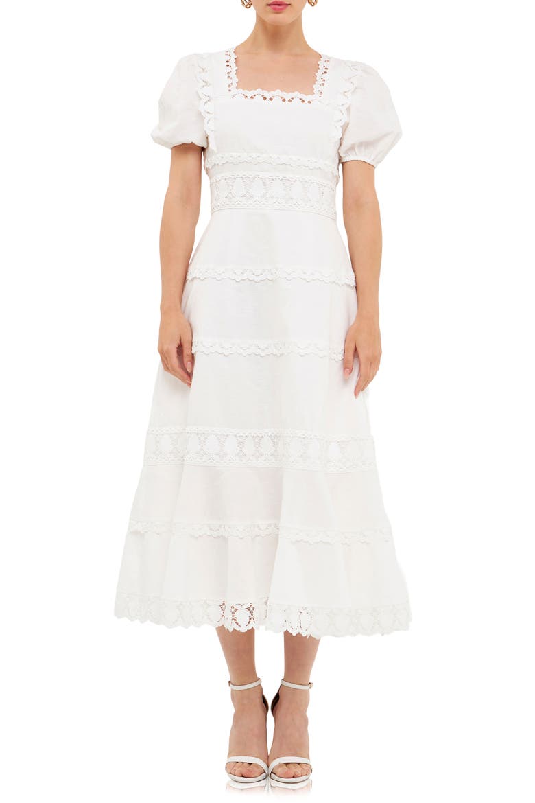 Lace Trim Tiered Cotton & Linen Midi Dress, Main, color, WHITE