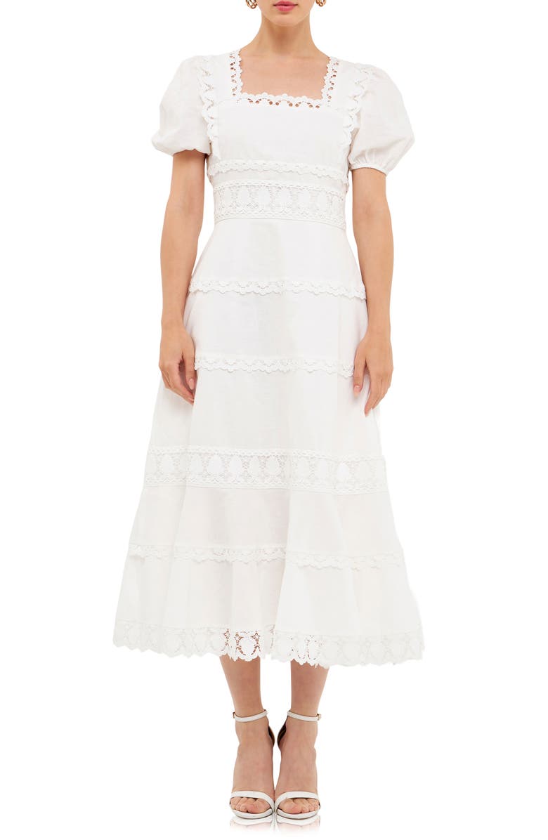 Endless Rose Lace Trim Tiered Cotton & Linen Midi Dress, Main, color,