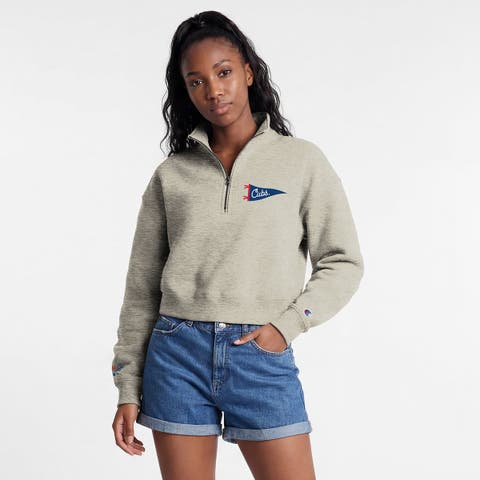 Women's Champion Cream Chicago Cubs Triumph Tri-Blend Fleece Cropped Quarter-Zip Pullover