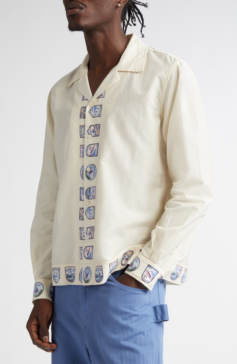 Bode Ski Season Long Sleeve Cotton & Silk Button-Up Shirt, Alternate, color, Ecru