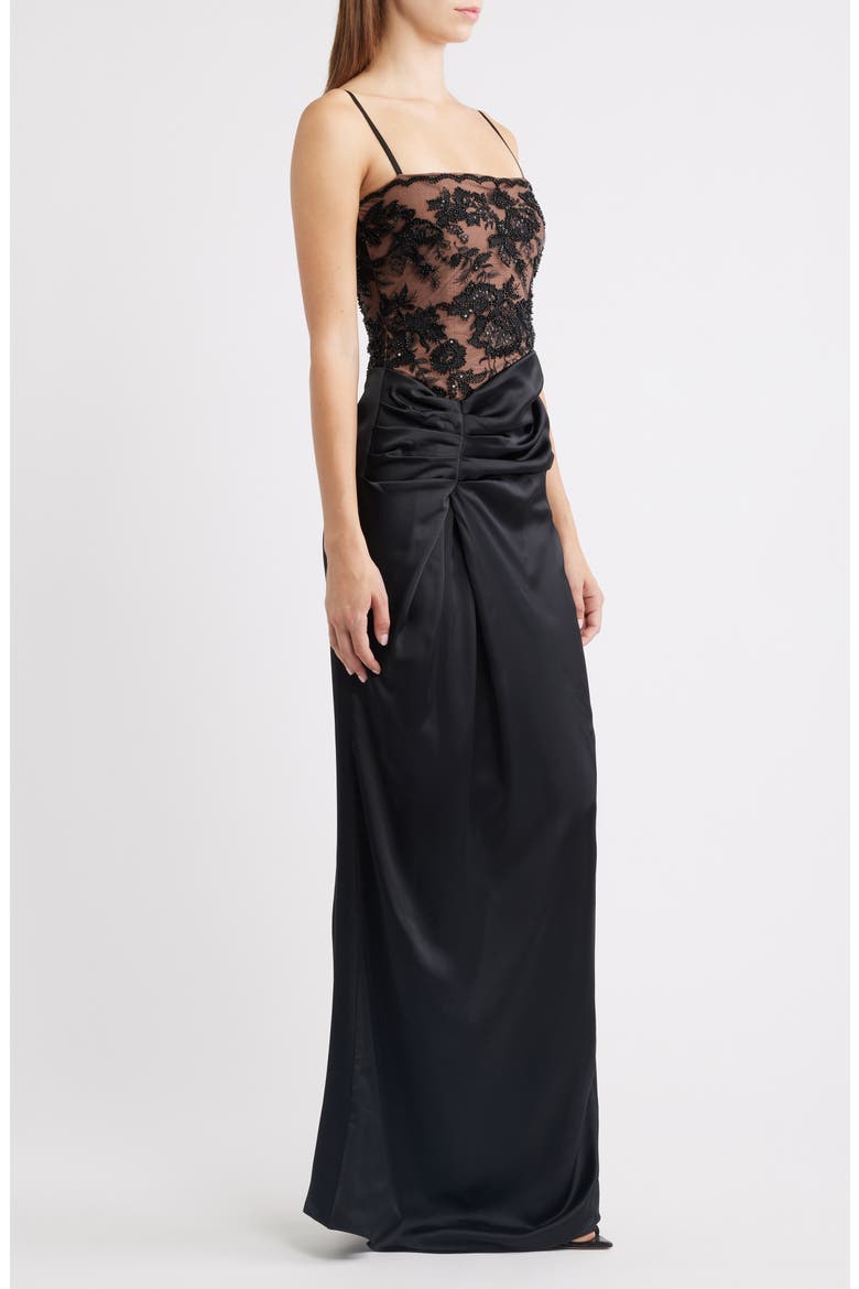 Eliette Lace & Satin Column Gown, Alternate, color, BLACK