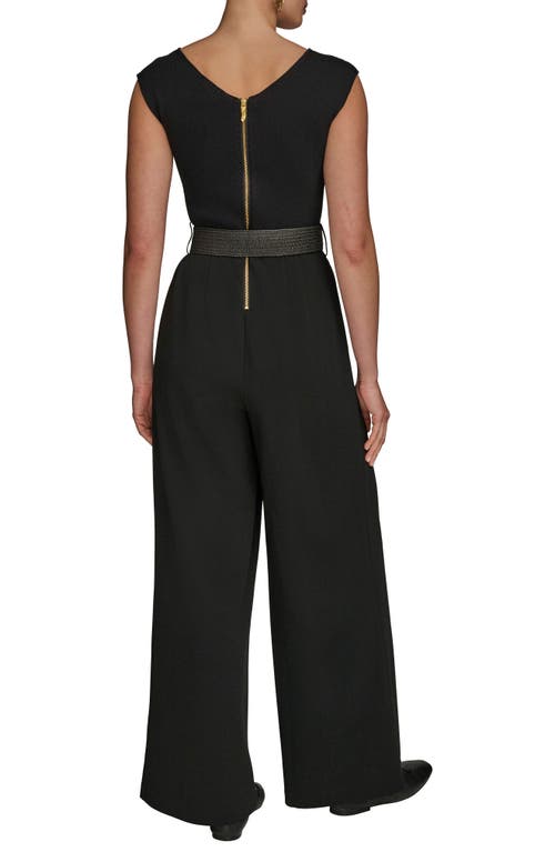 Donna Karan New York Sleeveless Belted Mixed Media Jumpsuit In Black