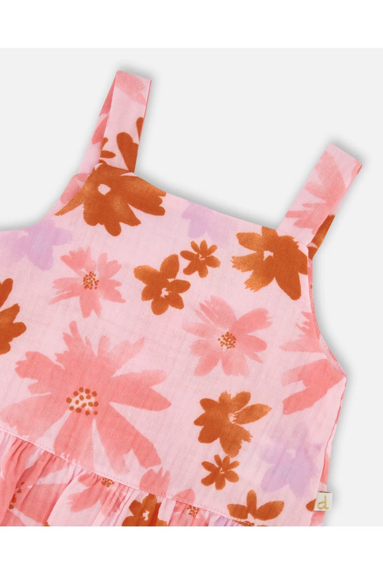 Girl's Printed Tank Top And Short Muslin Set With Frills Pink And Coral Flowers, Alternate, color, Pink And Coral Flowers