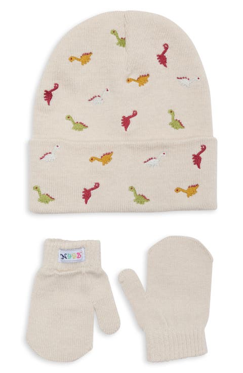 Kids' Embroidered Dino Beanie & Mittens Set