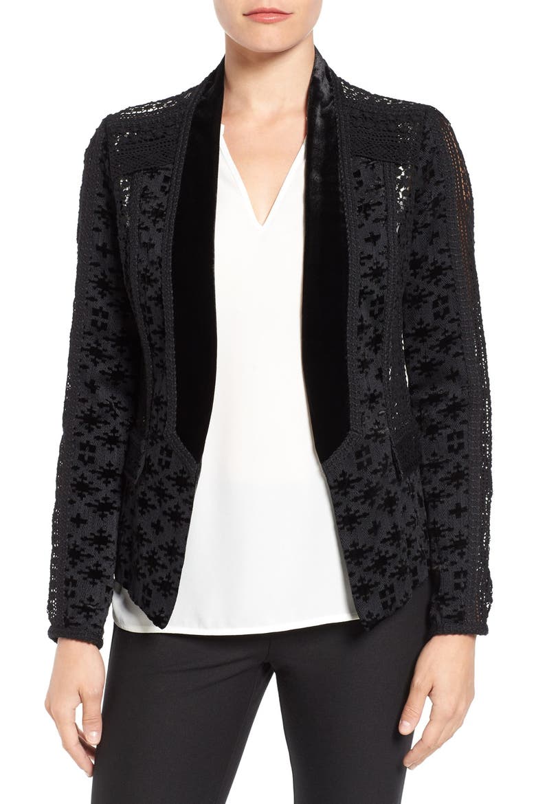 'Pippa' Velvet & Lace Jacket, Main, color, BLACK