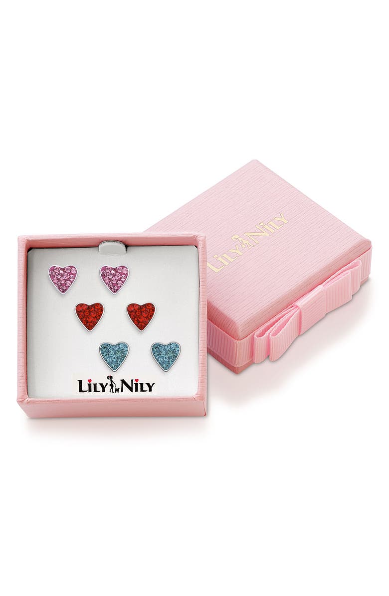 Lily Nily Kids' Set of 3 Crystal Heart Stud Earrings, Alternate, color, Pink Multi