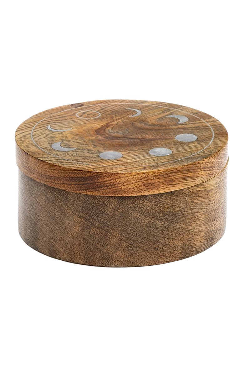 Indukala Moon Phase Round Pivot Box - Handcrafted Mango Wood, Main, color, Silver/Brown