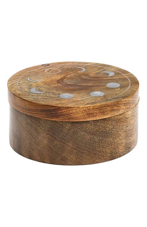 Indukala Moon Phase Round Pivot Box - Handcrafted Mango Wood