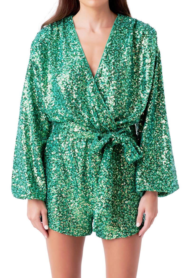 Long Sleeve Sequin Romper, Alternate, color, KELLY GREEN