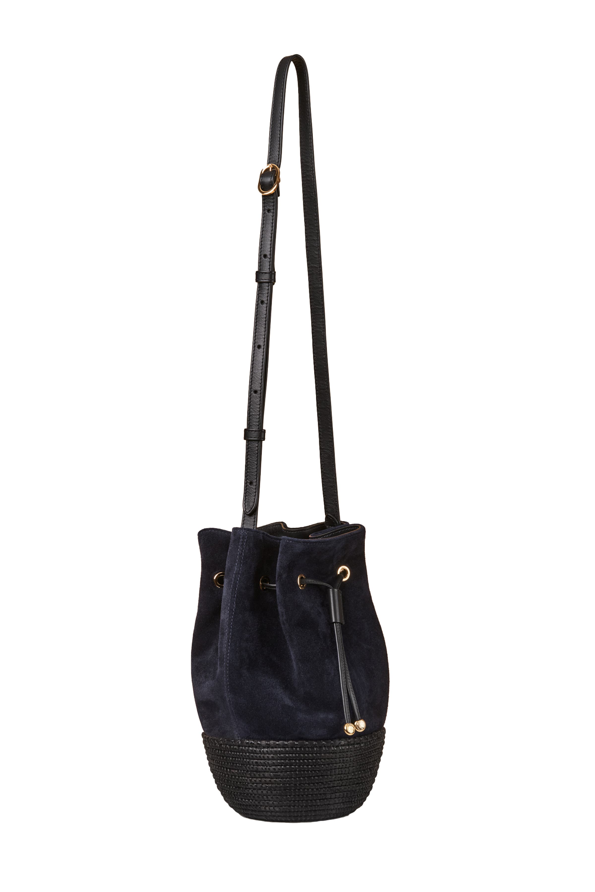 Suede and Sisal Drawstring Bucket Bag, Alternate, color, Navy