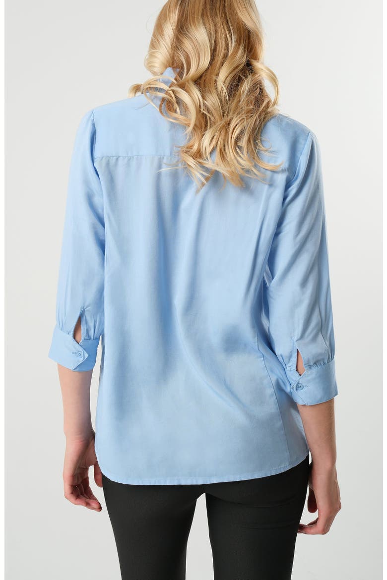 Women's Petite No-Gap 3/4 Sleeve Maternity & Nursing Button Down Shirt in with Bra Concealing Design in TENCEL, Alternate, color, Pale Blue