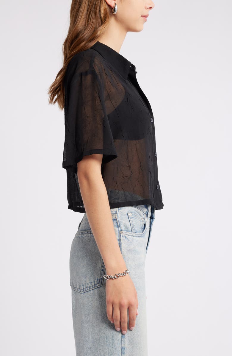 Open Edit Sheer Crop Button-Up Shirt, Alternate, color, Black