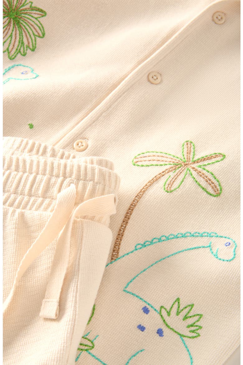 Kids' Knit Button-Up Shirt & Shorts Set, Alternate, color, BEIGE BEACH DINO EMBROIDERY
