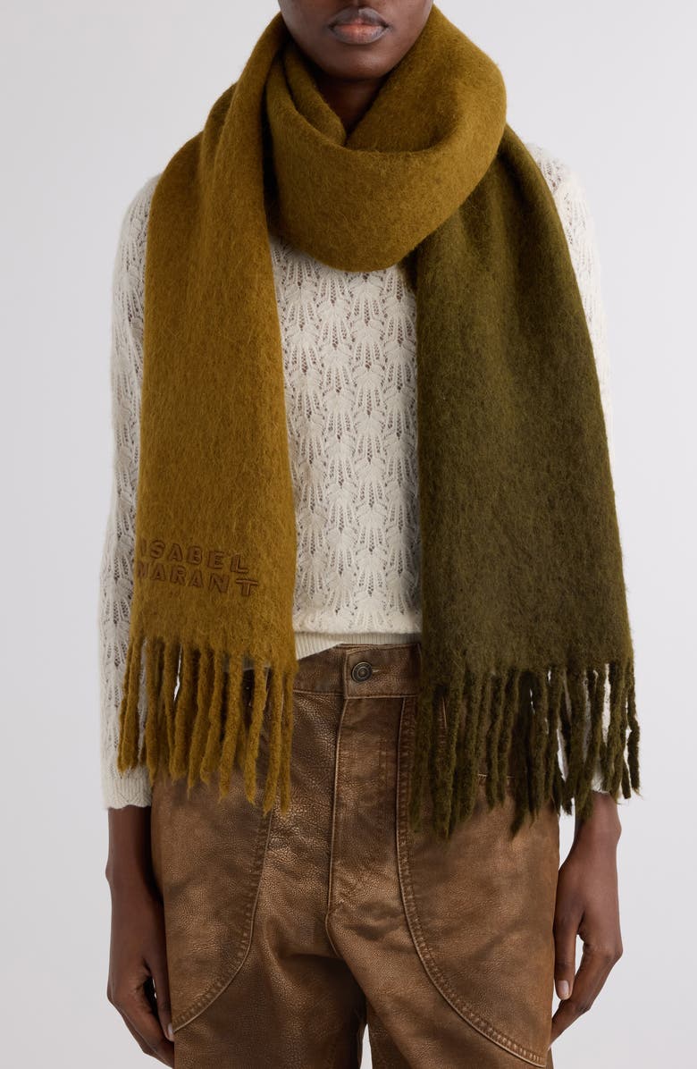 Isabel Marant Firna Logo Embroidered Fringe Scarf, Alternate, color, Khaki