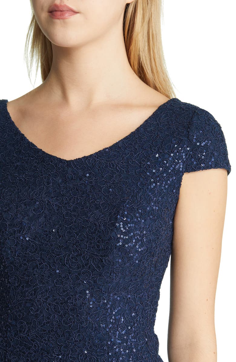 Alex Evenings Sequin Corded Lace Cocktail Dress, Alternate, color, Navy