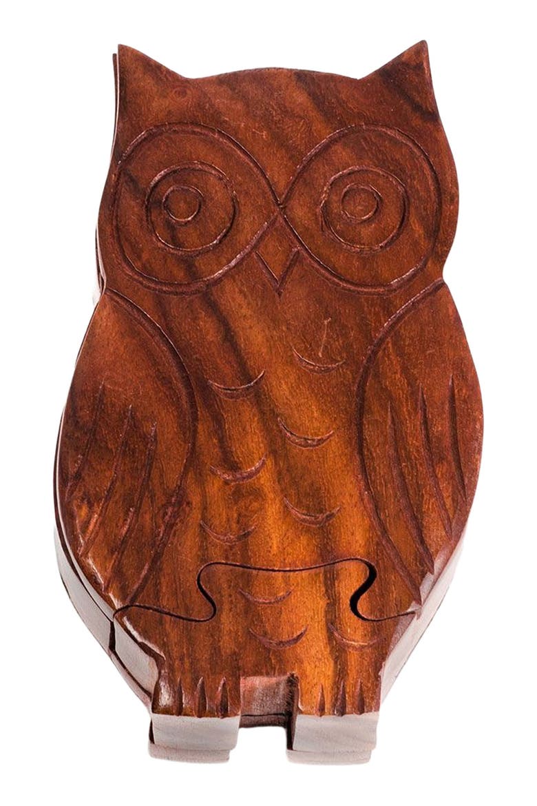 Owl Puzzle Box - Ethically Hand Carved Sheesham Wood, Main, color, Brown/Gold