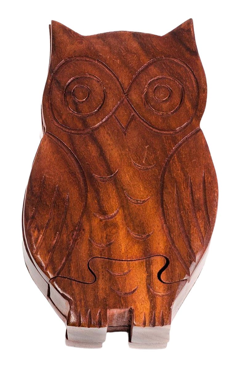 Matr Boomie Owl Puzzle Box - Ethically Hand Carved Sheesham Wood, Main, color, Brown/Gold