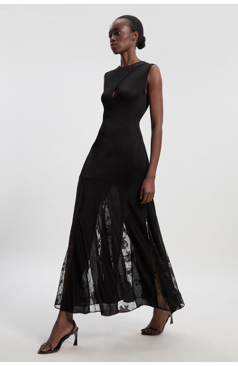 Karen Millen Slinky Lace Knit Maxi Dress, Main, color, Black