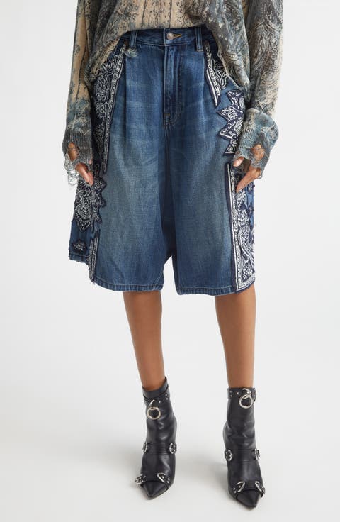 Jesse Pleated Denim Bermuda Shorts (Crushed Blue Bandana)