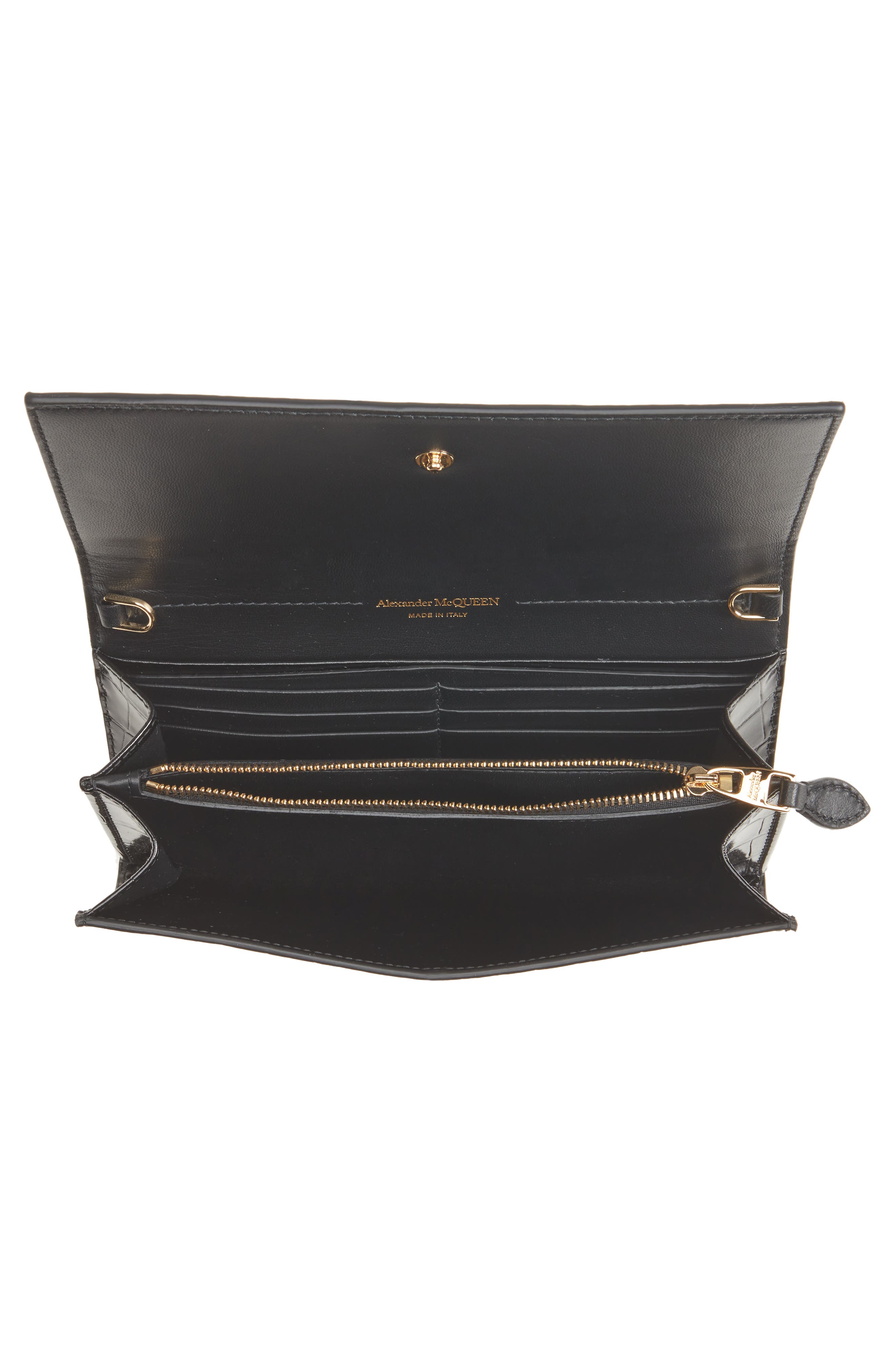 McQueen Alexander McQueen Skull Croc Embossed Leather Wallet on a Chain, Alternate, color, 