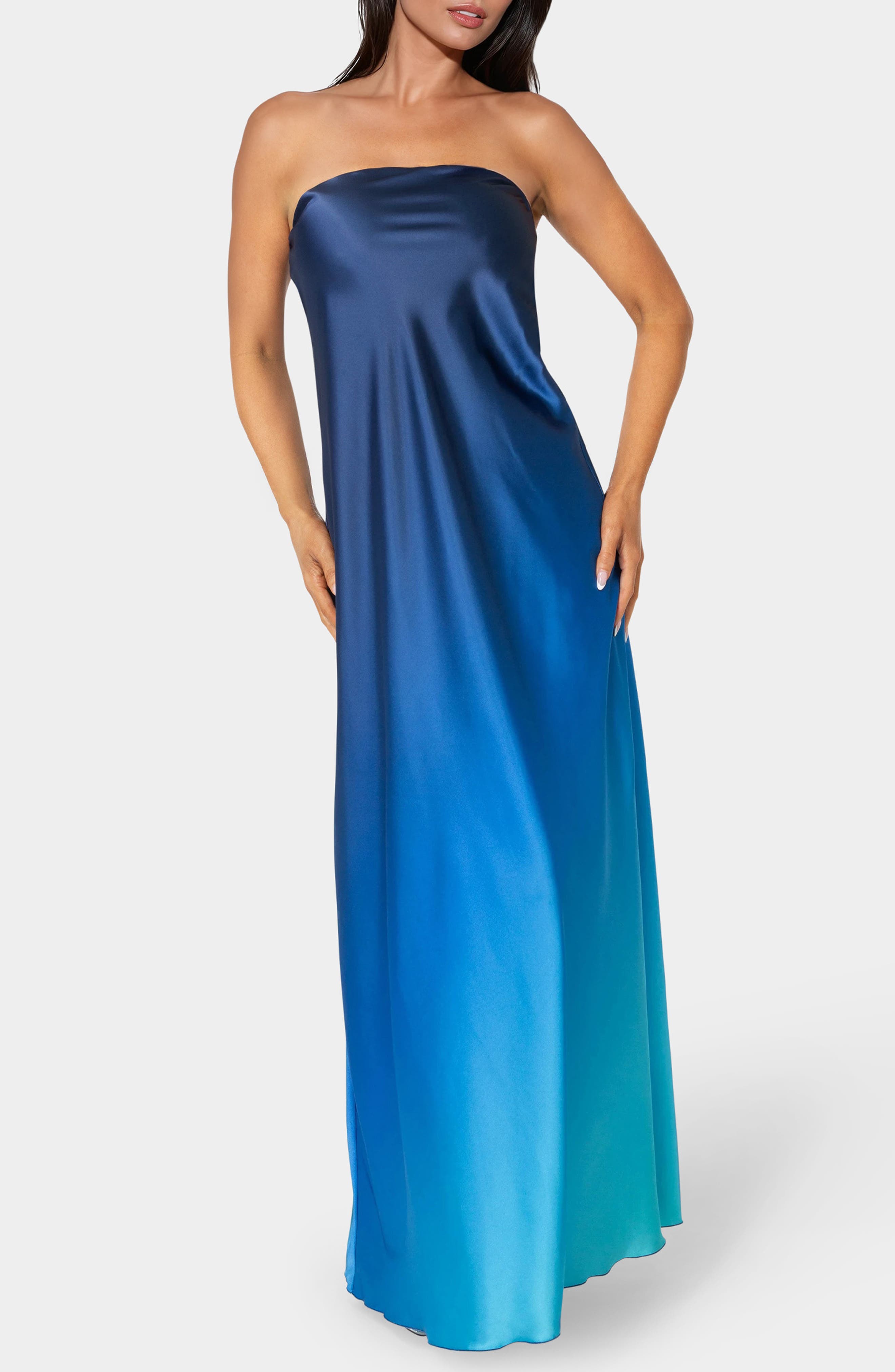 bebe Satin Ombré Strapless Maxi Dress