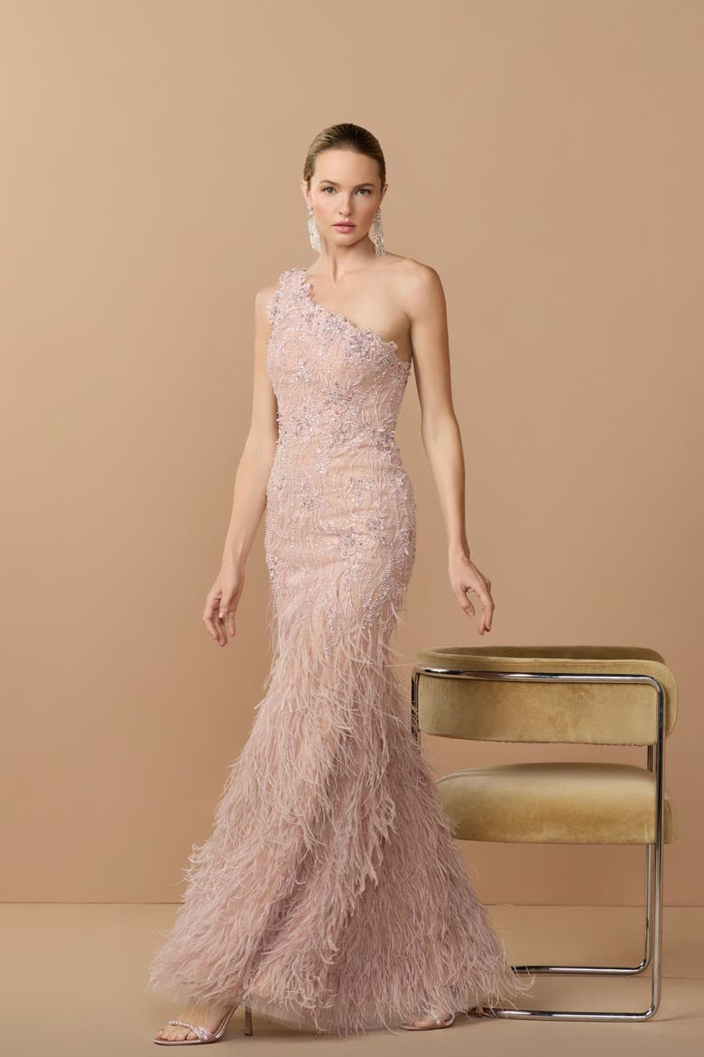 Embellished Lace One Shoulder Feather Gown, Alternate, color, Vintage Lilac