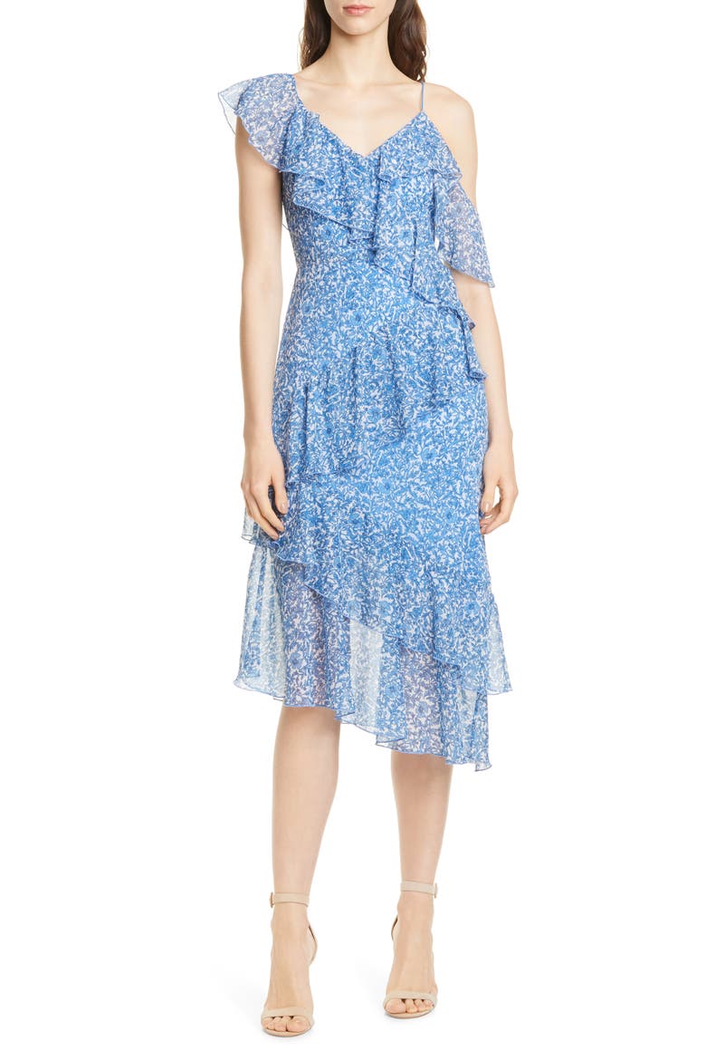 Olympia Asymmetrical Ruffle Dress, Main, color, HEPATICA WHITE/ CORNFLOWER