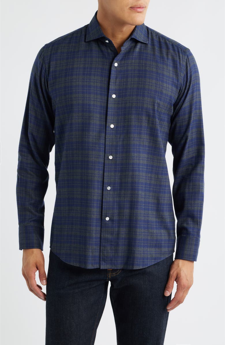 Peter Millar Crown Crafted Trentino Italian Flannel Button-Up Shirt, Main, color, Navy