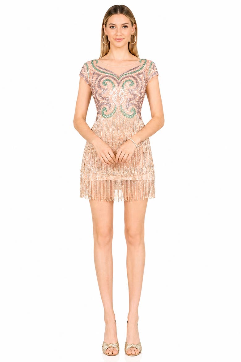 Beaded Faux-Wrap V-Neck Bridal Gown, Main, color, Blush/Multi