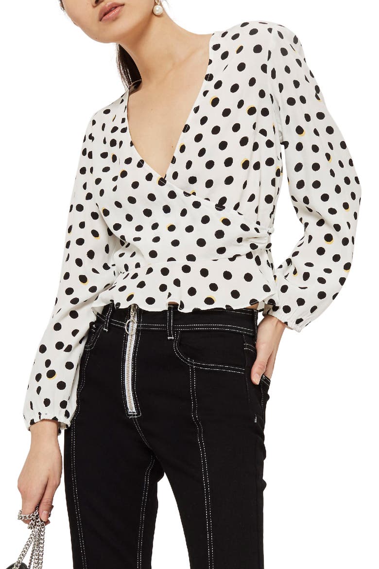 Shadow Spot Print Wrap Blouse, Main, color, WHITE MULTI