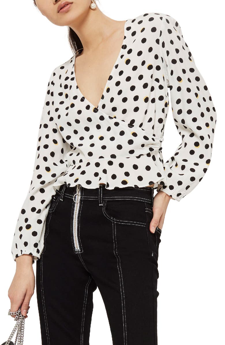 Topshop Shadow Spot Print Wrap Blouse, Main, color, 