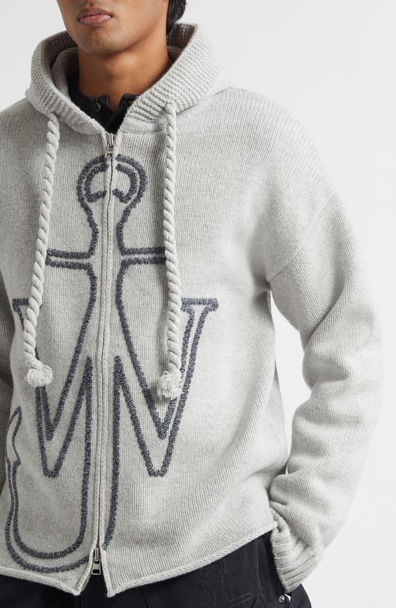 JW Anderson Anchor Embroidered Zip Hoodie Sweater, Alternate, color, Light Grey Melange