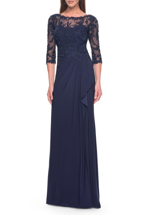 Long Evening Gown with Lace Illusion Sleeves and Neckline