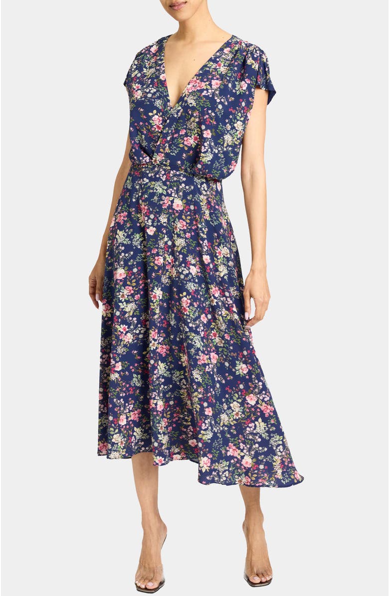 Santorelli TALIA Cap Sleeve Midi Dress in Stretch Floral Print, Alternate, color, Aegean Multi