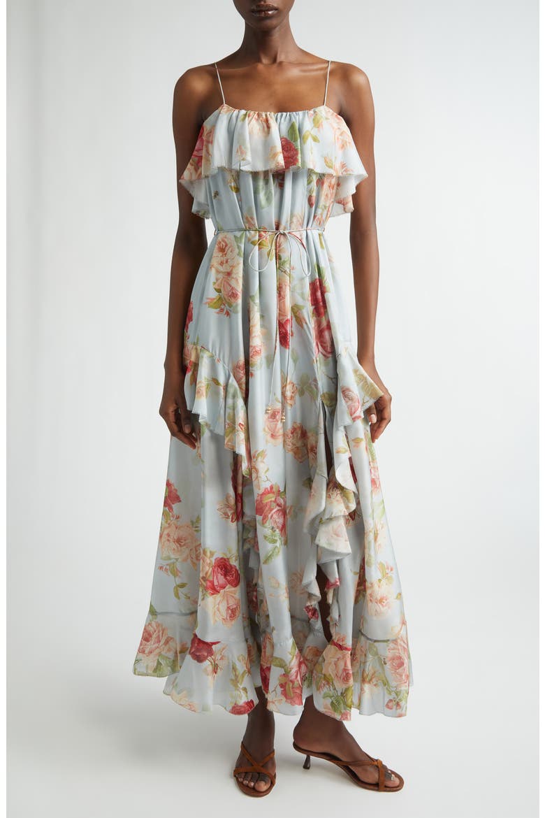 Roselight Frill Silk Habutae Maxi Dress, Main, color, BLUE ROSE FLORAL