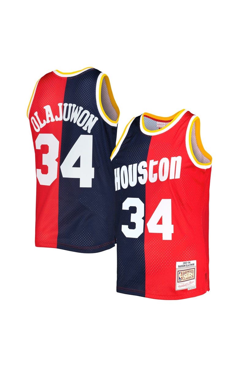 Mitchell & Ness Men's Mitchell & Ness Hakeem Olajuwon Navy/Red Houston Rockets Hardwood Classics 1993/94 Split Swingman Jersey, Main, color, Navy