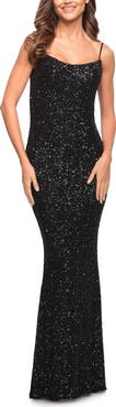 La Femme Lovely Long Soft Sequin Dress with Scoop Neck